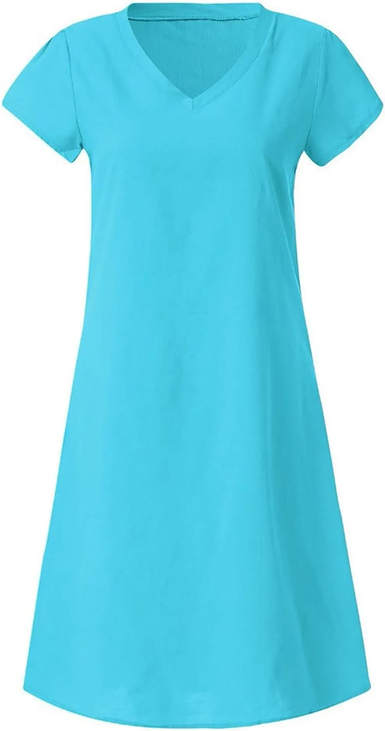 Boho Dresses for Women 2025 Cotton Linen Tshirt Dress Summer Casual Short Sleeve V Neck Midi Beach Dress Plus Size