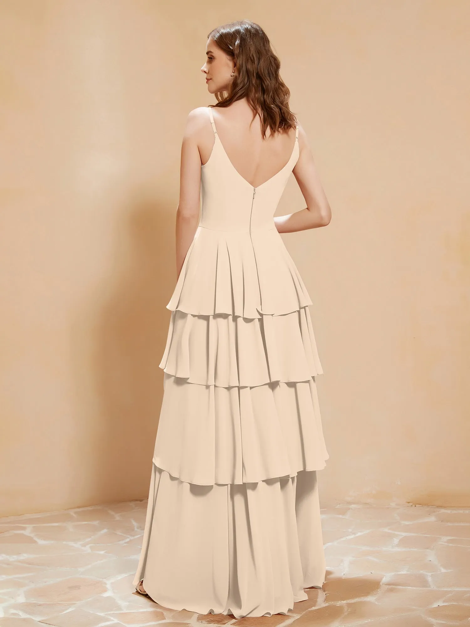 Boho V-neck Floor-length Dress Flowy Ruffles Champagne Plus Size