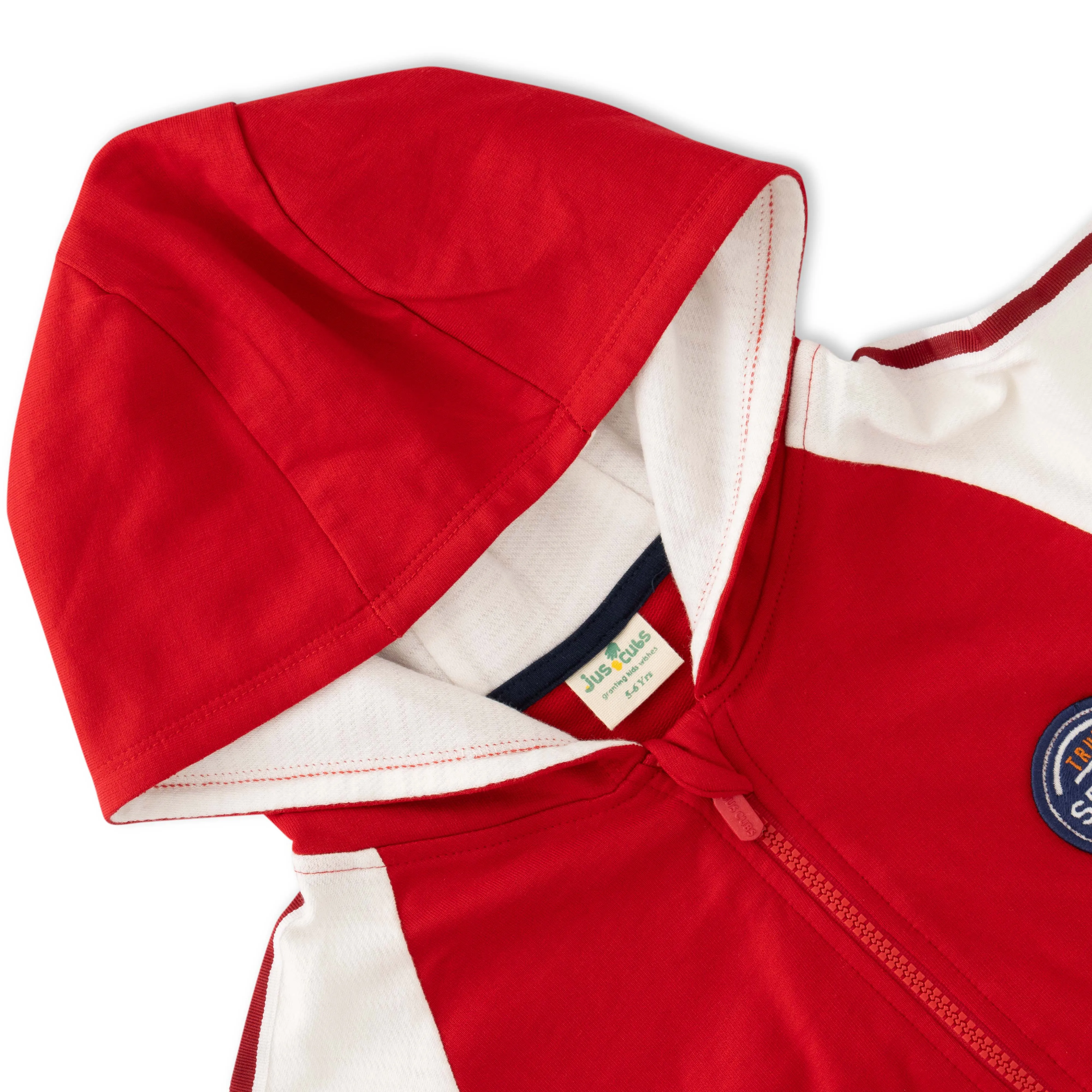 Boys' Sporty Zip-Up Hoodie - Red & White with Patch Detail