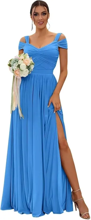 Bridesmaid Dresses with Slit for Women Off Shoulder V Neck Formal Evening Dress Floor Length