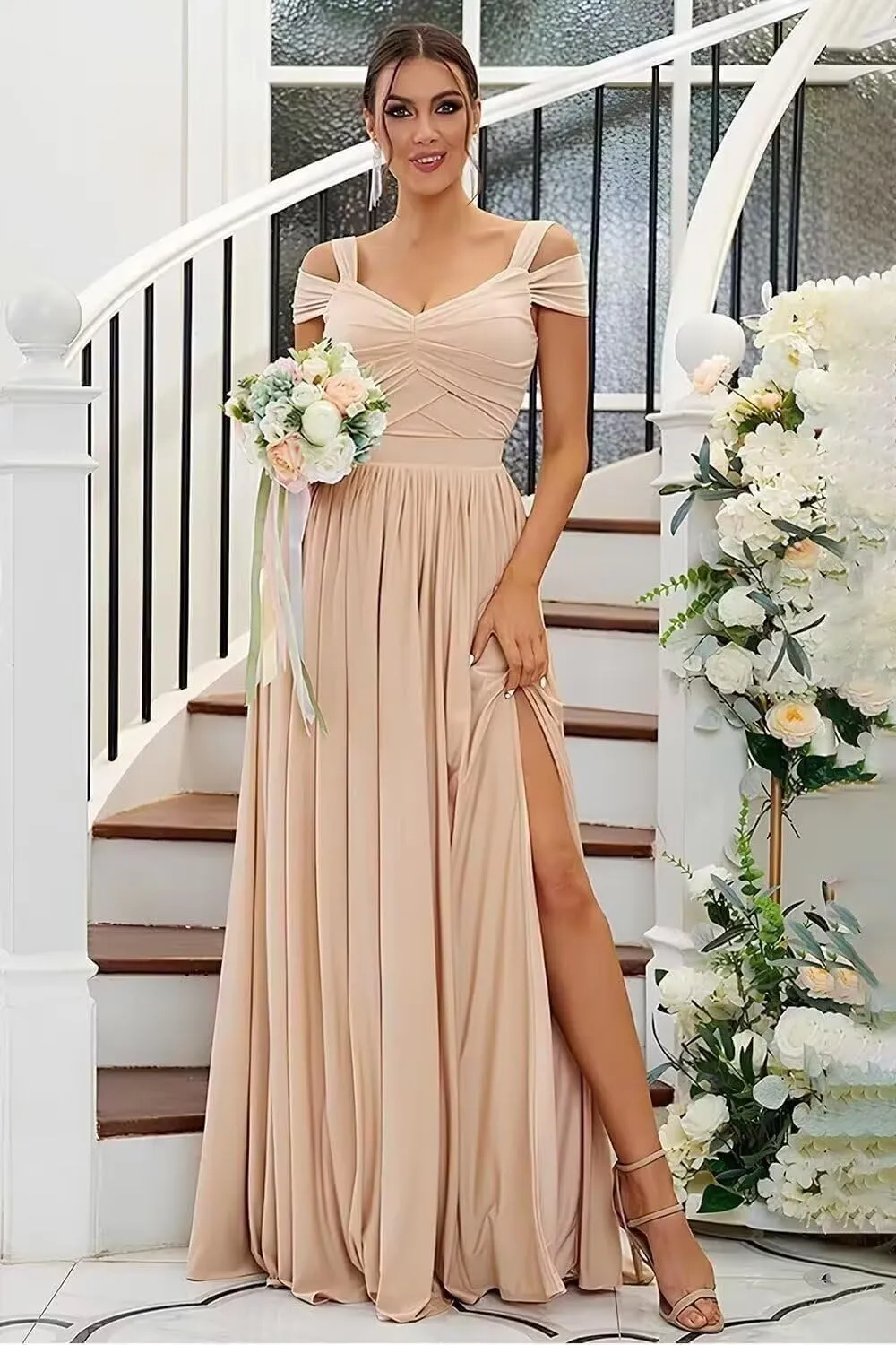 Bridesmaid Dresses with Slit for Women Off Shoulder V Neck Formal Evening Dress Floor Length