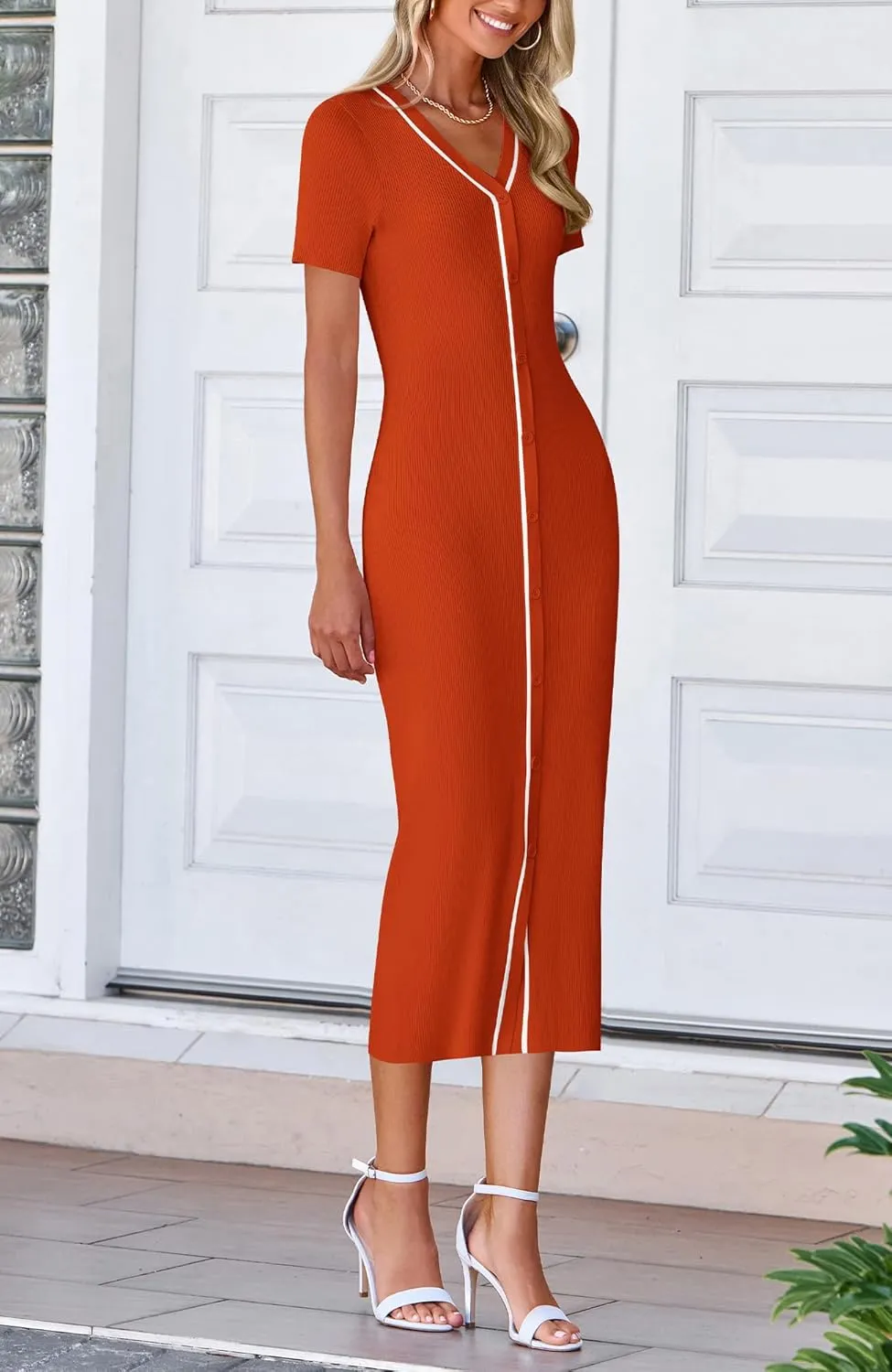 BTFBM Casual Women Spring Dresses 2025 Knit Bodycon Sweater Summer Dress Decorative Button V Neck Long Dress
