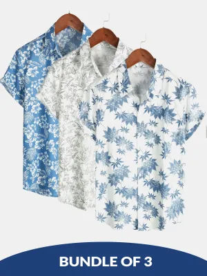 Bundle Of 3 | Men's Cotton Maple Leaf Print Breathable Short Sleeve Shirts