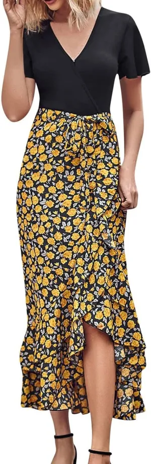 Ceboyel Women High Low Ruffle Spring Dresses Floral Causal Maxi Dress Short Sleeve Long Dresses Teacher Summer Clothing 2023