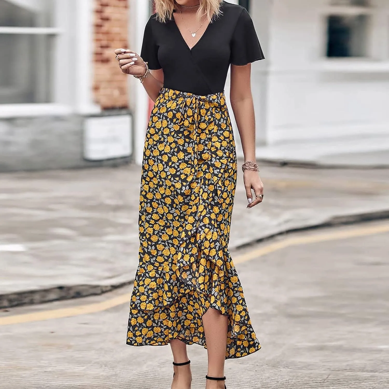 Ceboyel Women High Low Ruffle Spring Dresses Floral Causal Maxi Dress Short Sleeve Long Dresses Teacher Summer Clothing 2023