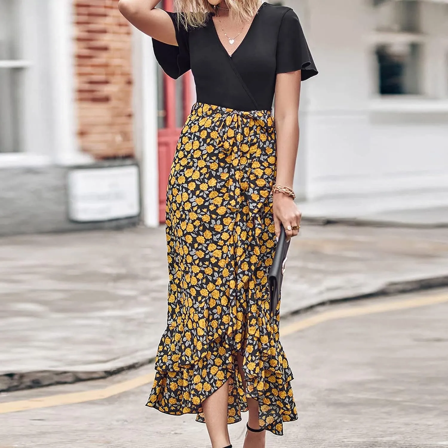 Ceboyel Women High Low Ruffle Spring Dresses Floral Causal Maxi Dress Short Sleeve Long Dresses Teacher Summer Clothing 2023