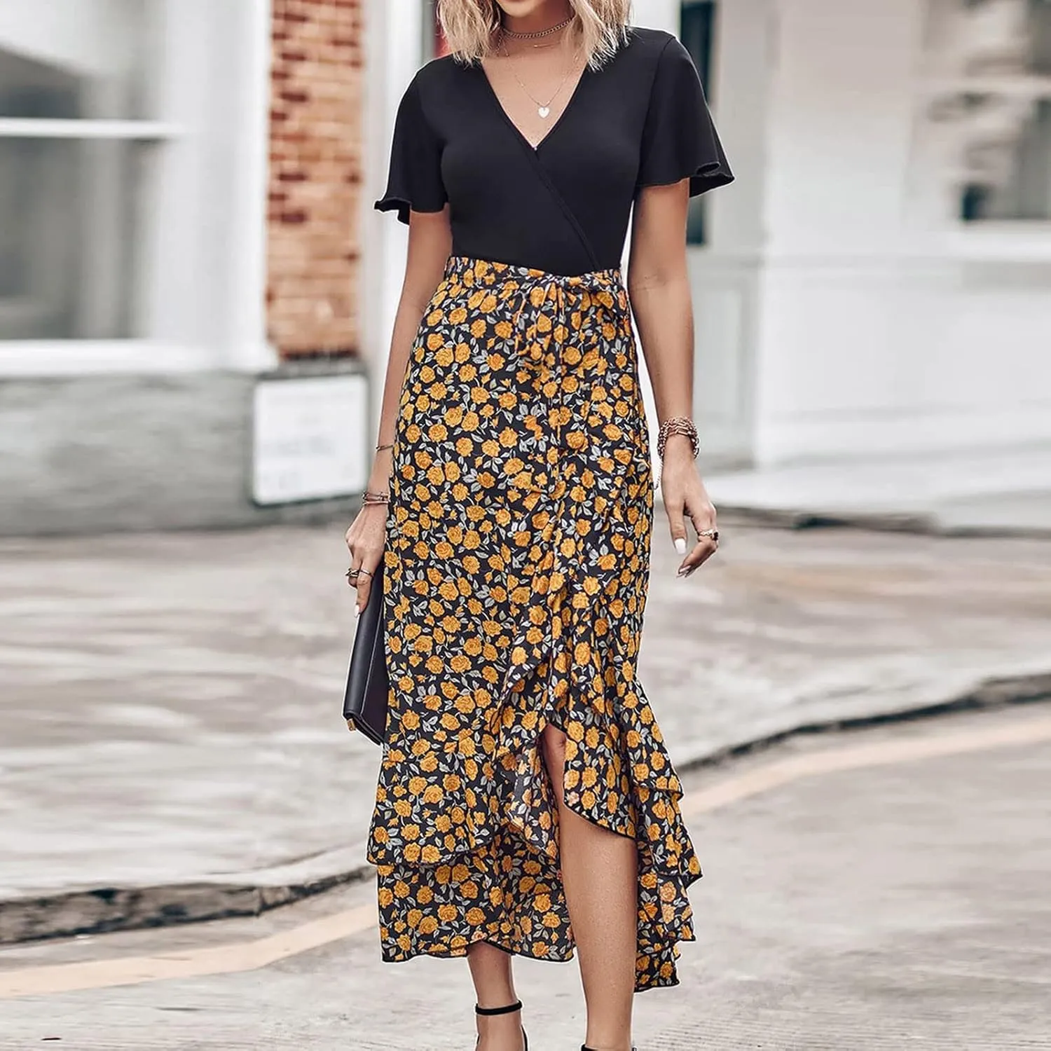 Ceboyel Women High Low Ruffle Spring Dresses Floral Causal Maxi Dress Short Sleeve Long Dresses Teacher Summer Clothing 2023