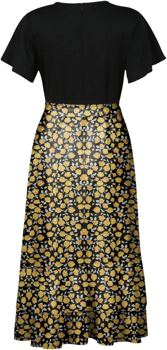 Ceboyel Women High Low Ruffle Spring Dresses Floral Causal Maxi Dress Short Sleeve Long Dresses Teacher Summer Clothing 2023
