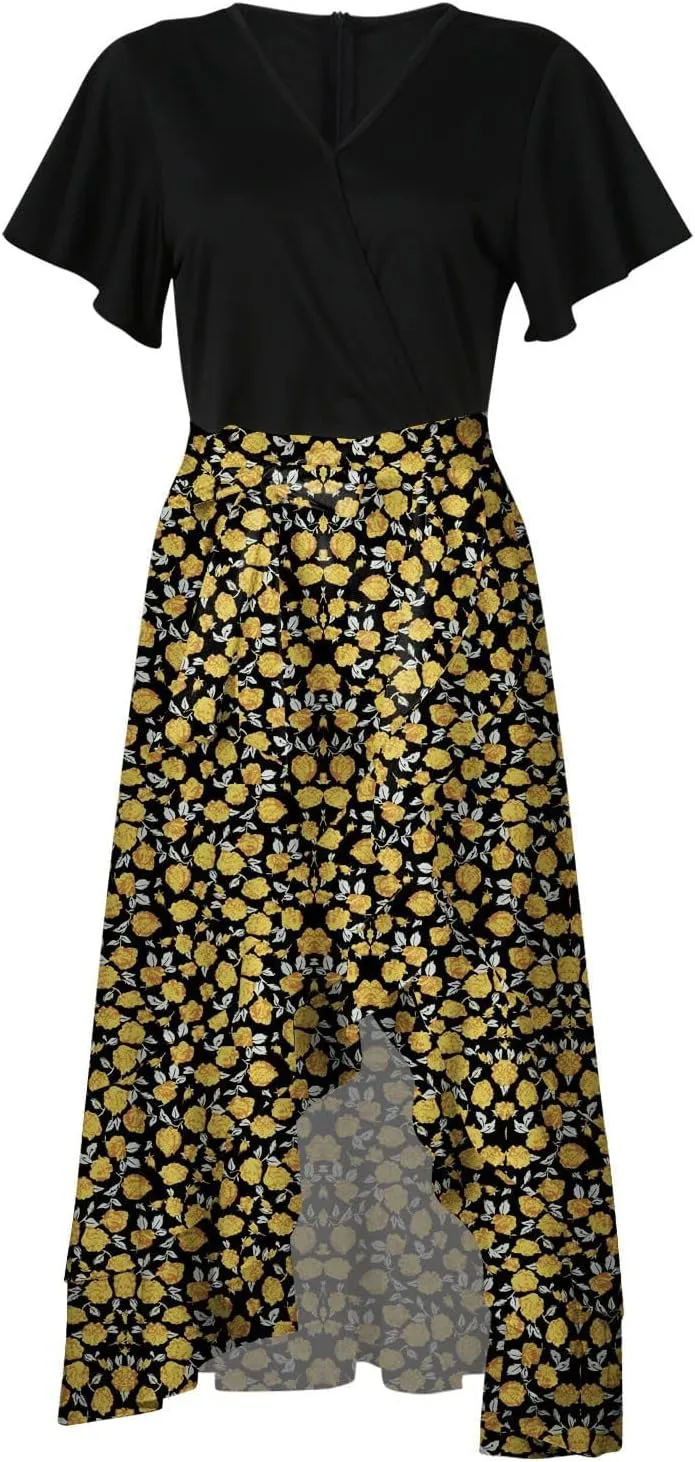 Ceboyel Women High Low Ruffle Spring Dresses Floral Causal Maxi Dress Short Sleeve Long Dresses Teacher Summer Clothing 2023