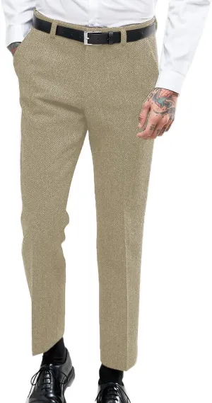 Ceehuteey Men's Retro Dress Suit Pants Thick Wool Flat Front Herringbone Tweed Trousers