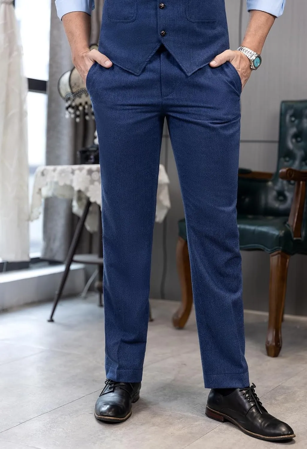 Ceehuteey Men's Retro Dress Suit Pants Thick Wool Flat Front Herringbone Tweed Trousers