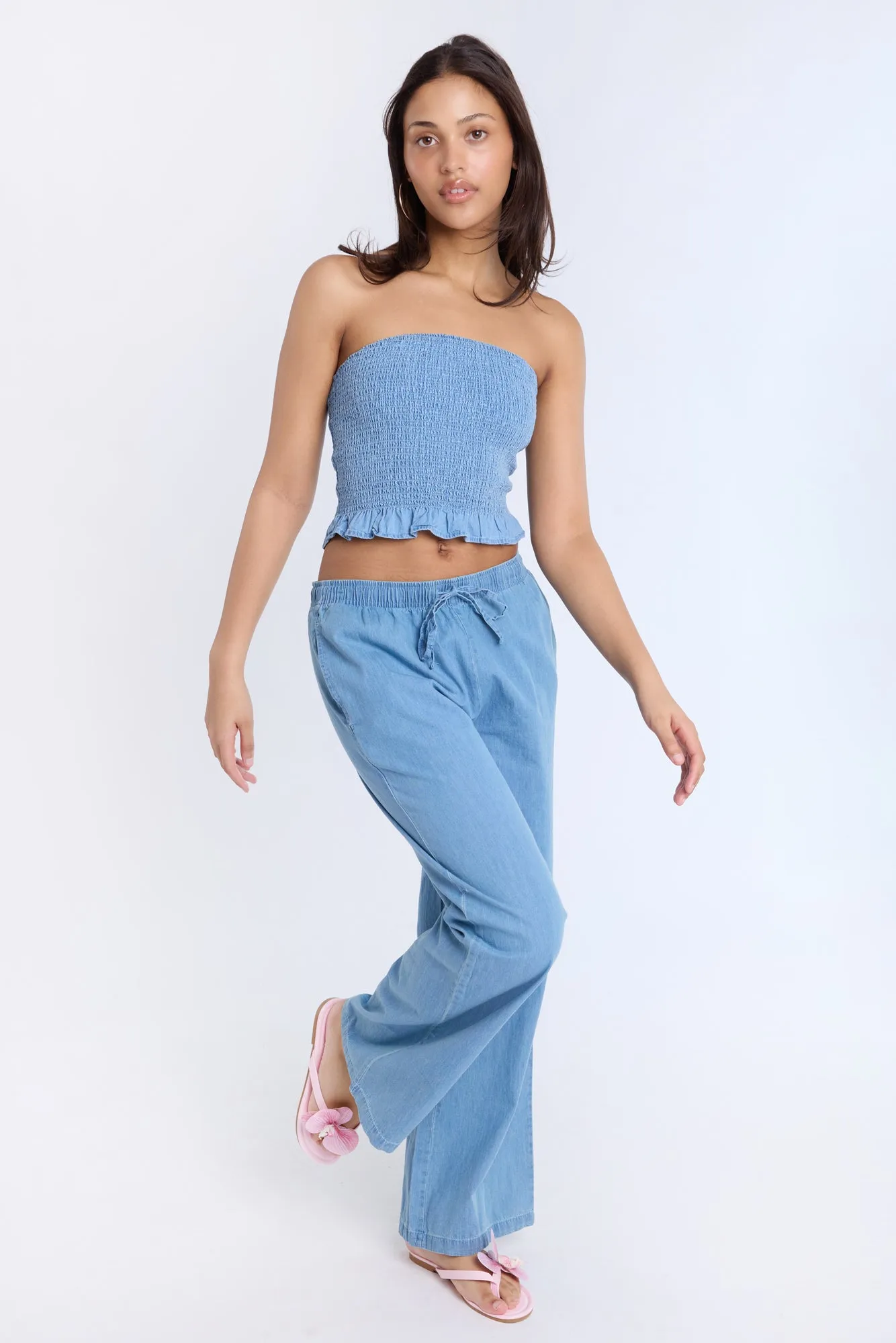Chambray High Rise Wide Leg Pants