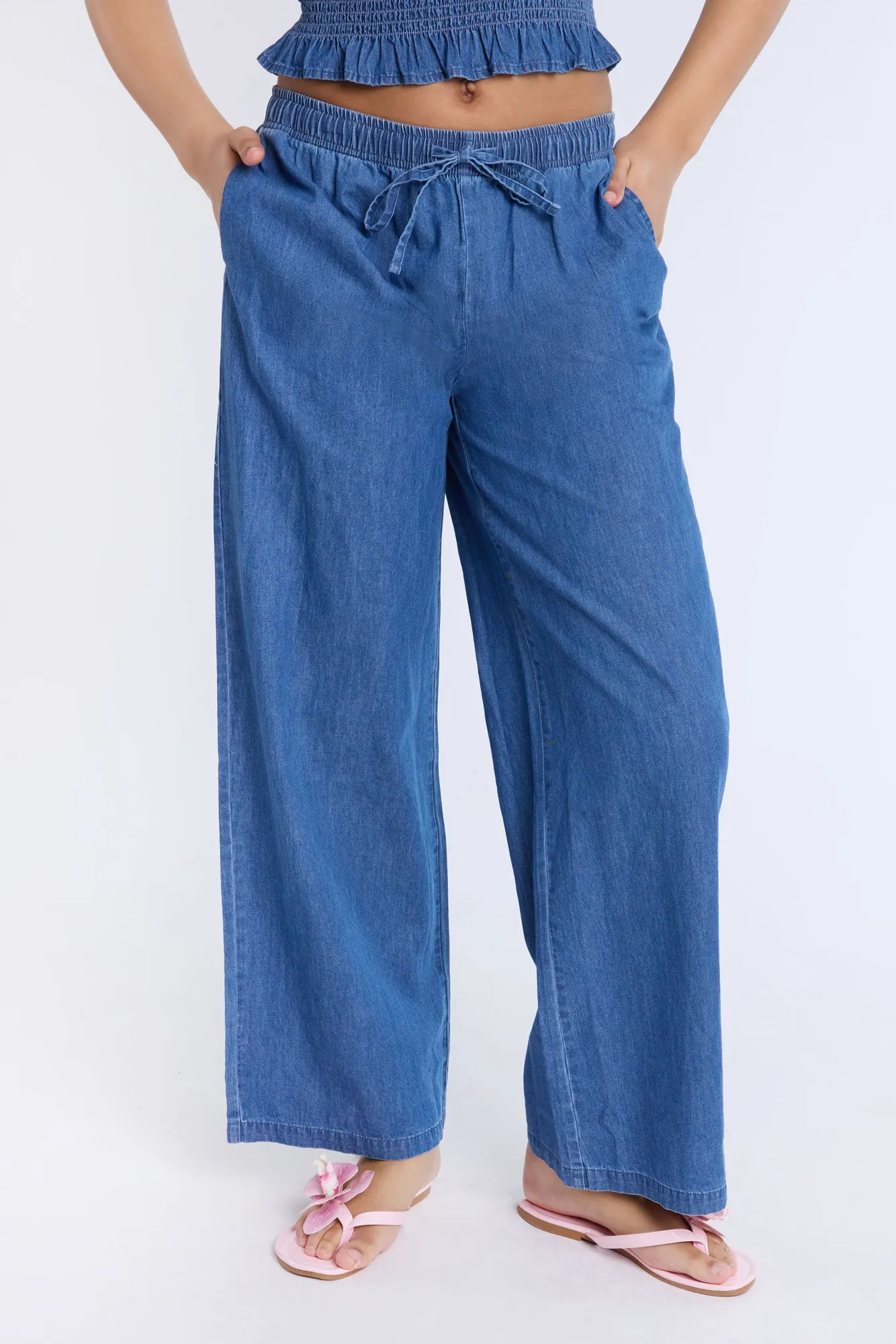 Chambray High Rise Wide Leg Pants