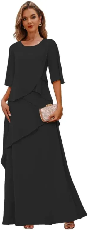 Chiffon Mother of The Bride Dresses for Women Tiered Wedding Party Dress with Sleeves Long Formal Gown