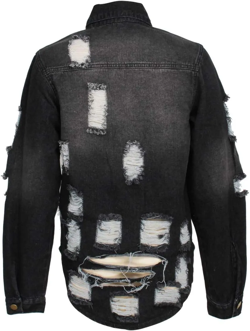 chouyatou Women's Spring Fall Wear Ripped Hole Casual Mid Long Denim Jacket Coat
