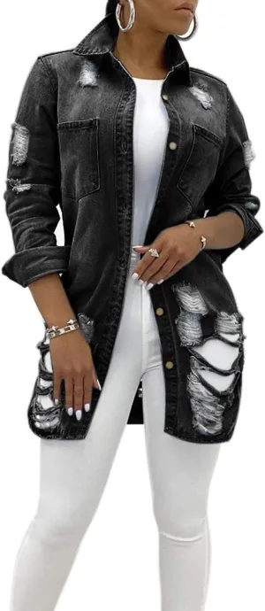 chouyatou Women's Spring Fall Wear Ripped Hole Casual Mid Long Denim Jacket Coat