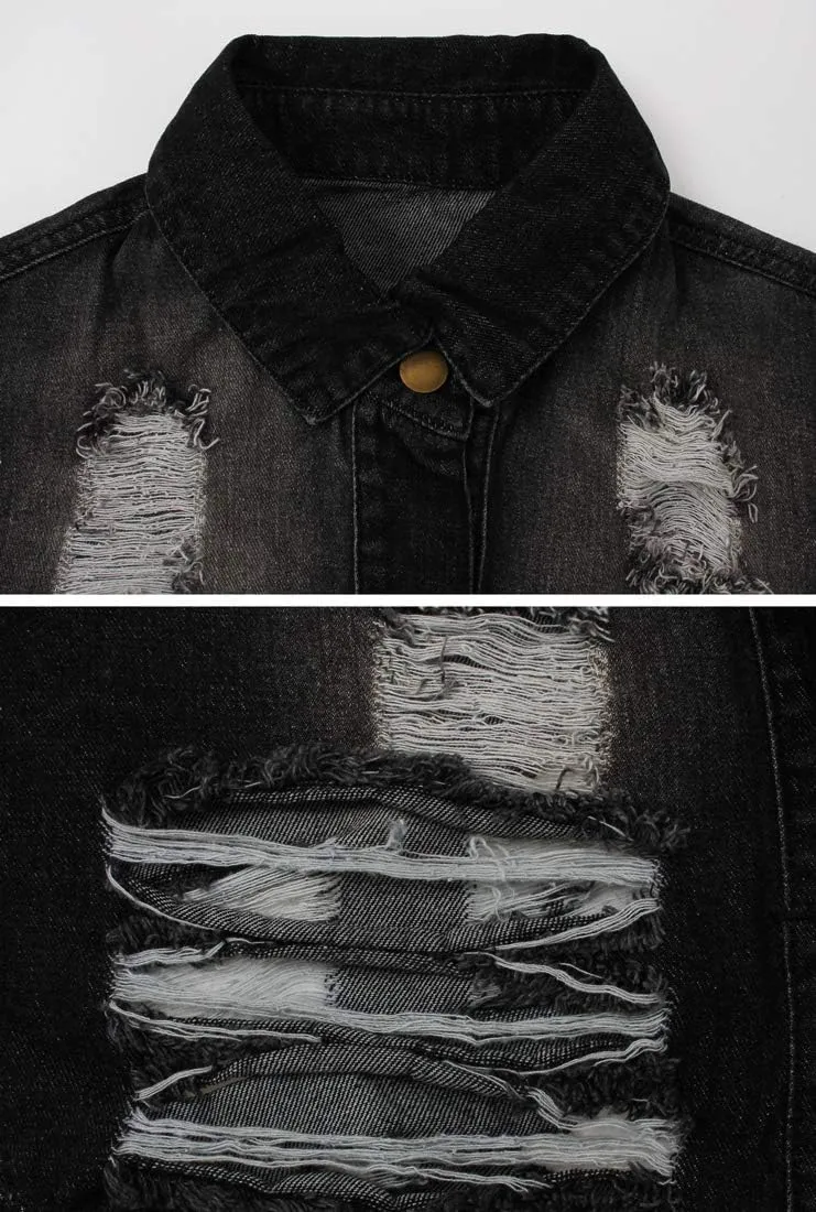 chouyatou Women's Spring Fall Wear Ripped Hole Casual Mid Long Denim Jacket Coat
