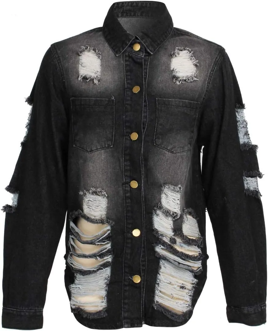 chouyatou Women's Spring Fall Wear Ripped Hole Casual Mid Long Denim Jacket Coat