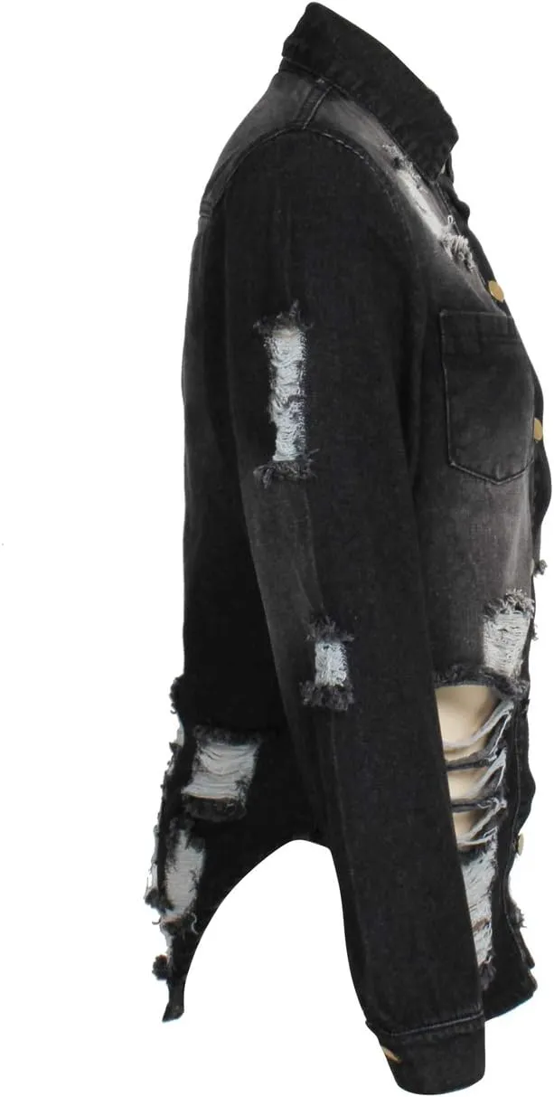 chouyatou Women's Spring Fall Wear Ripped Hole Casual Mid Long Denim Jacket Coat