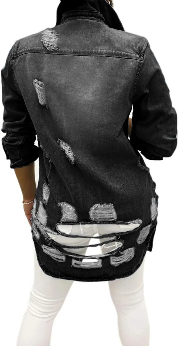 chouyatou Women's Spring Fall Wear Ripped Hole Casual Mid Long Denim Jacket Coat