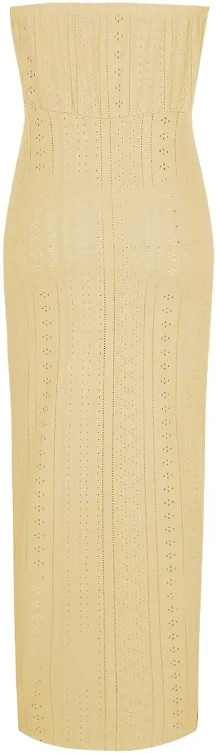 Cocktail Dresses for Women Sexy High Split Bodycon Strapless Eyelet Embroidery Wedding Dress Summer Casual Sundress