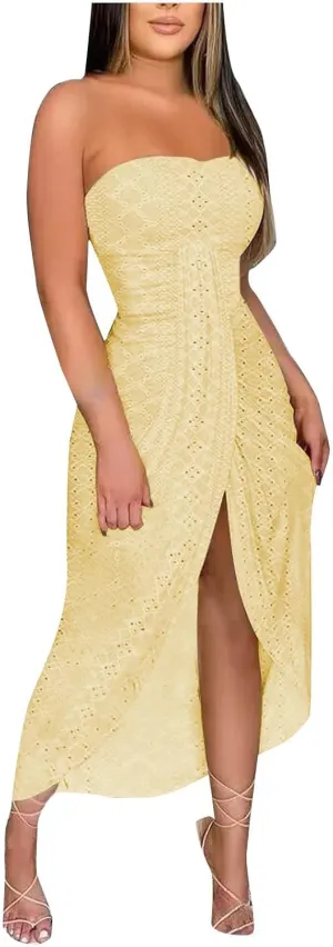 Cocktail Dresses for Women Sexy High Split Bodycon Strapless Eyelet Embroidery Wedding Dress Summer Casual Sundress