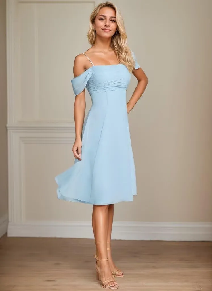Cold Shoulder Bridesmaid Dresses for Women Chiffon Short Formal Evening Dress with Sleeves