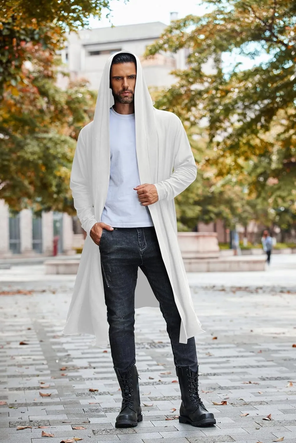 COOFANDY Long Hooded Cardigan Men Lightweight Cloak Costume Open Front Drape Cape Overcoat with Pockets
