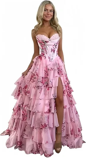 Corset Floral Tiered Prom Dresses for Women 2025 Strapless Long Ruffle Formal Evening Gowns with Slit