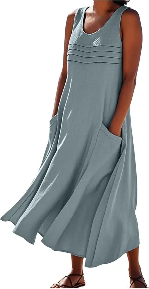 Cotton Linen Tank Dresses for Women Casual Summer Sleeveless Pleated Front Scoop Neck Flowy Midi Sundress with Pockets