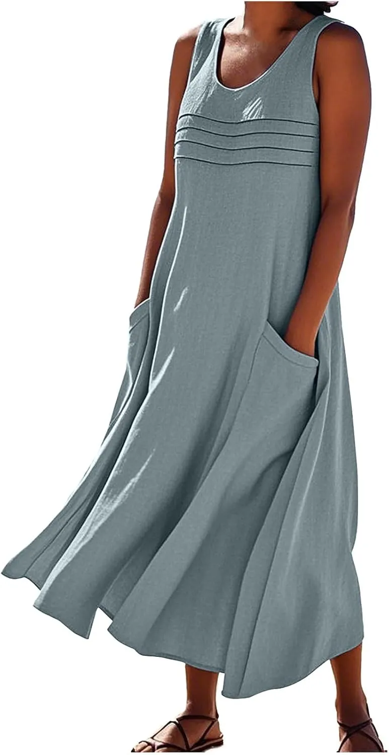 Cotton Linen Tank Dresses for Women Casual Summer Sleeveless Pleated Front Scoop Neck Flowy Midi Sundress with Pockets