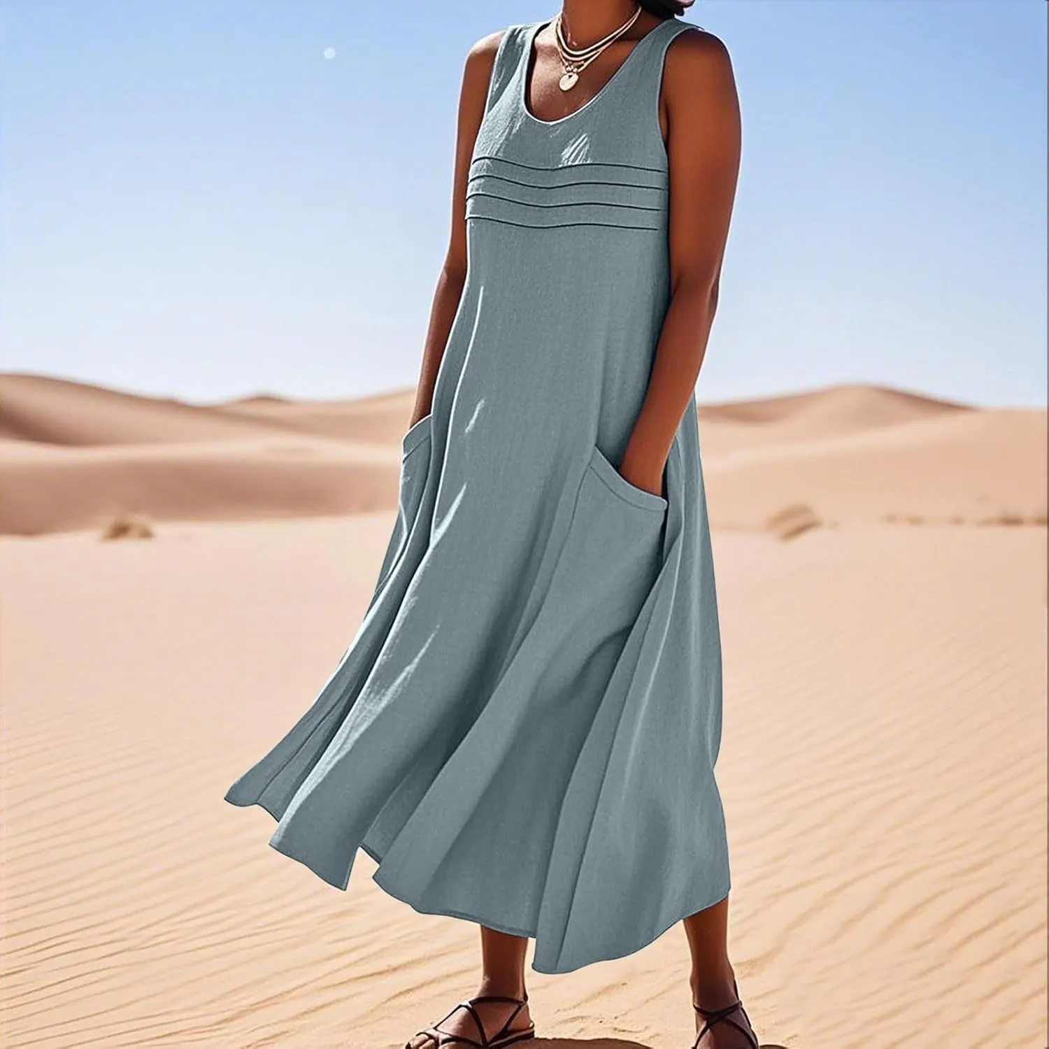 Cotton Linen Tank Dresses for Women Casual Summer Sleeveless Pleated Front Scoop Neck Flowy Midi Sundress with Pockets