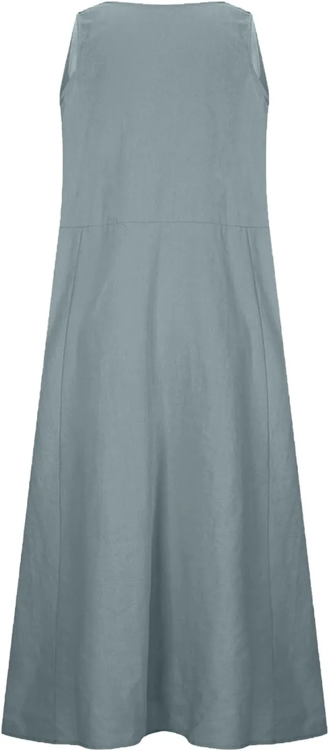 Cotton Linen Tank Dresses for Women Casual Summer Sleeveless Pleated Front Scoop Neck Flowy Midi Sundress with Pockets