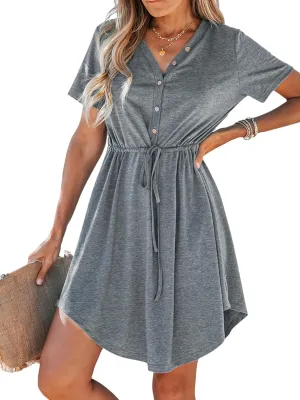 CUPSHE Women Summer Dresses Drawstring Button Front Short Sleeve V Neck Mini Dress Short Sleeve Sundress