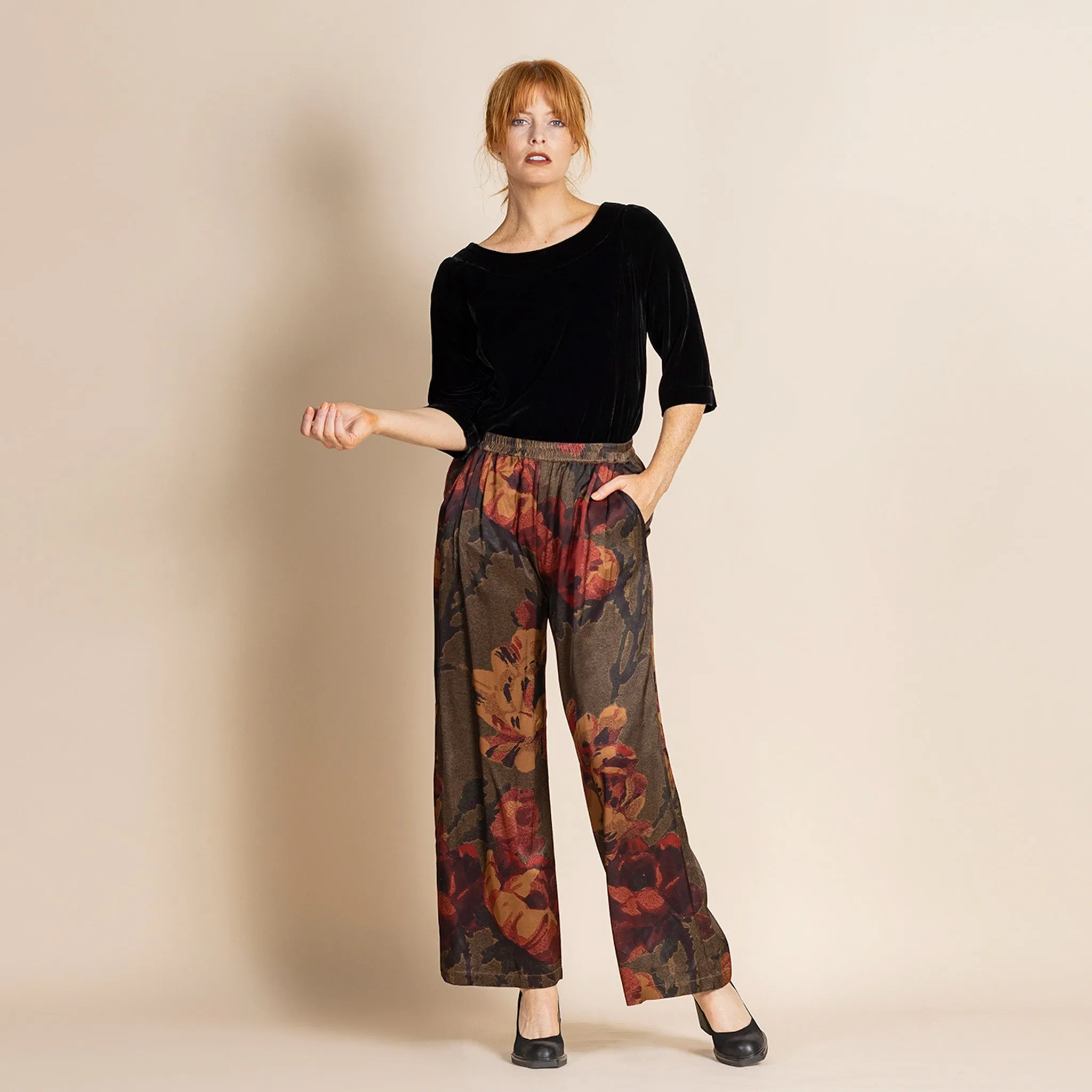 damask roses loose wide leg pant