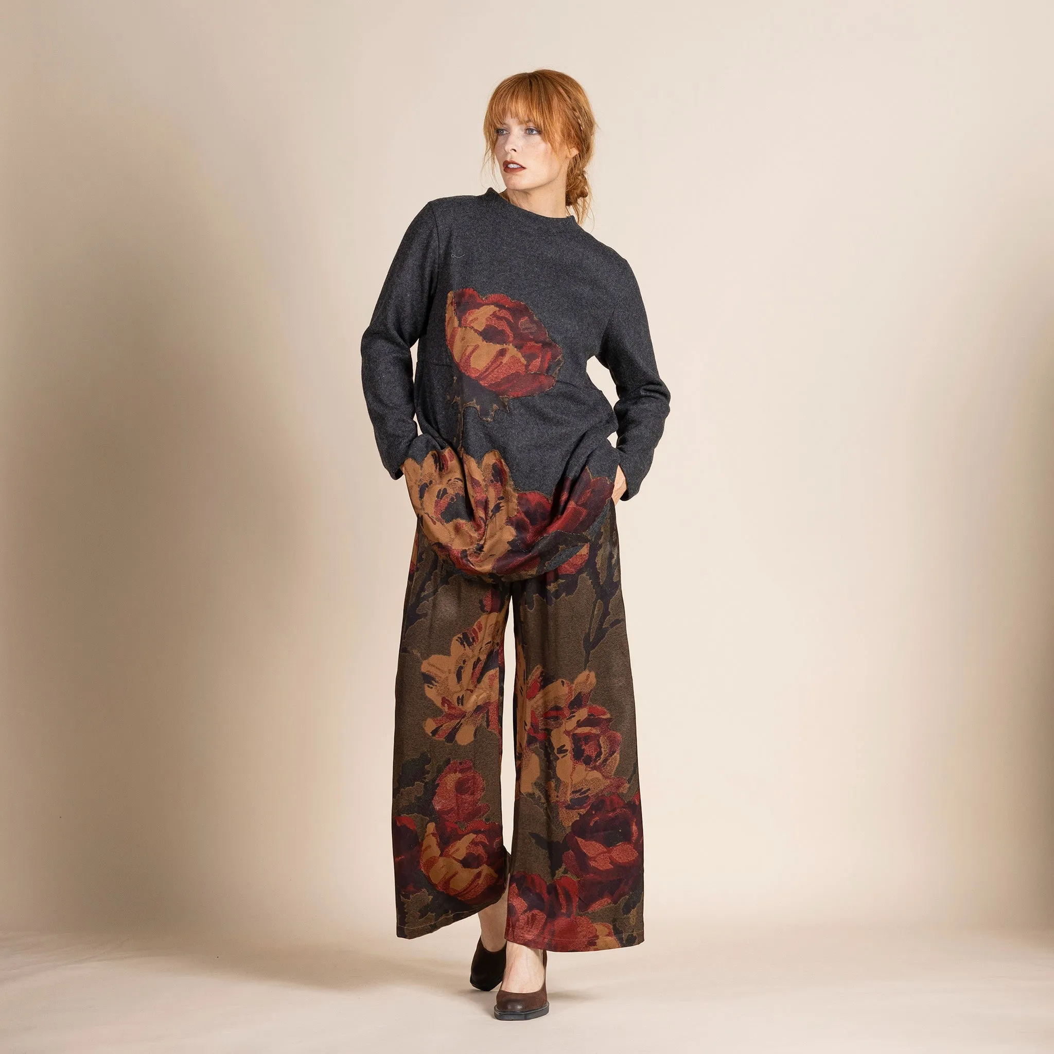 damask roses loose wide leg pant