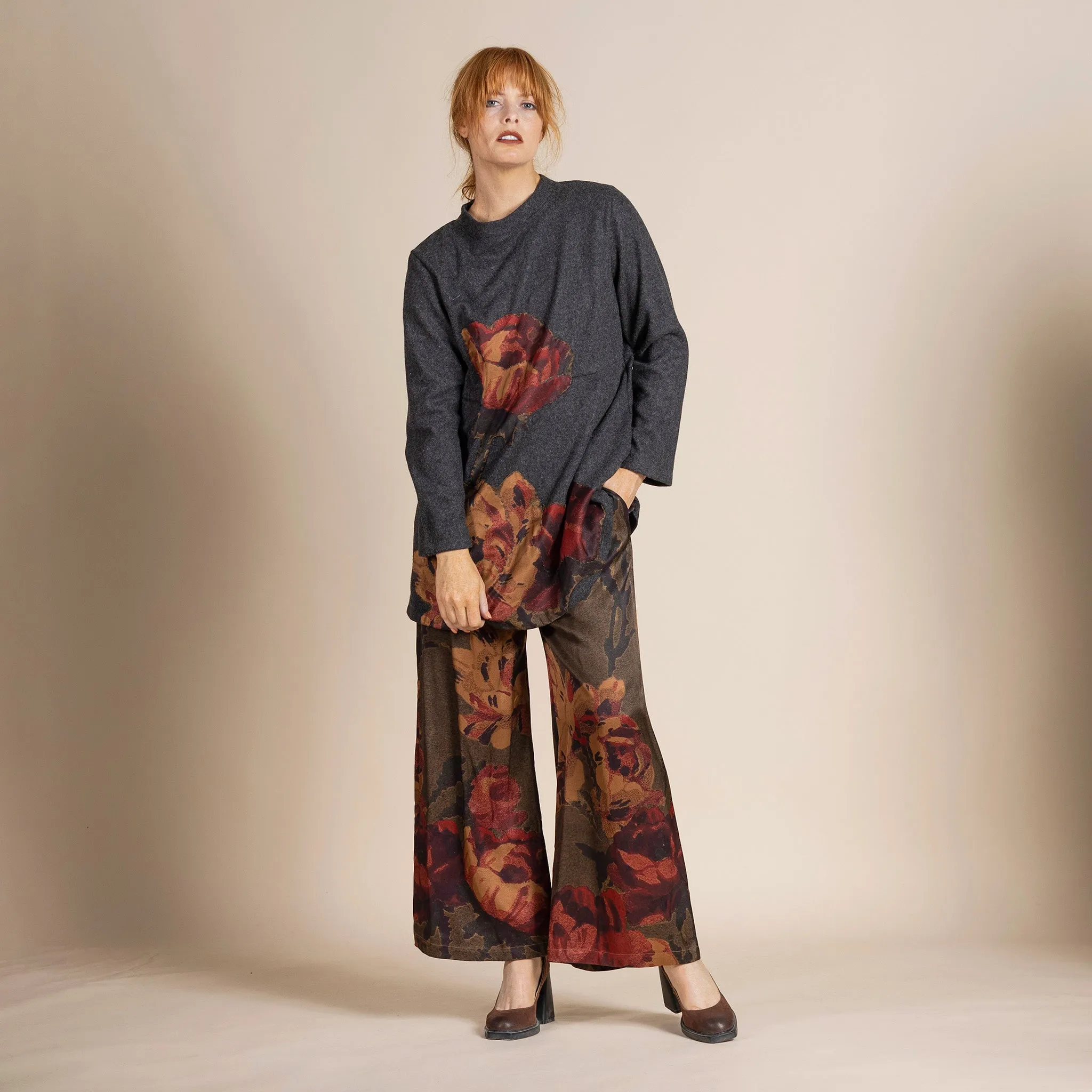damask roses loose wide leg pant