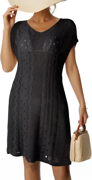 Dokotoo Women's Crochet Cover Up Swimwear Beachwear Scoop Neck Short Sleeve Mini Dress Beach Dress Crochet Coverups for Women