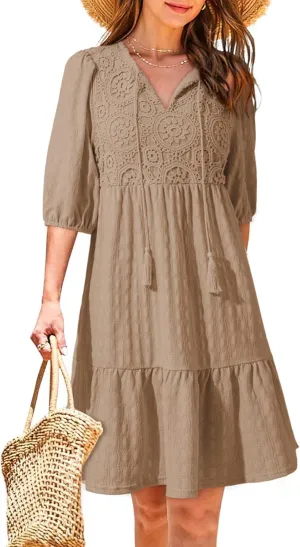 Dokotoo Womens Dresses Summer V Neck Drawstring Embroidered Half Sleeve Mini Dress Boho Dresses for Women 2025 Sundresses