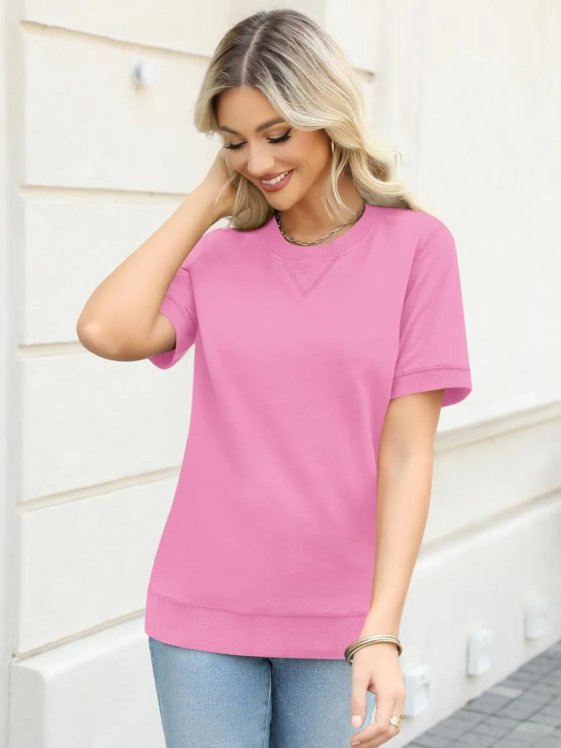 Elesomo Womens Short Sleeve Sweatshirts Cotton Casual Summer Tunic Sweat Shirt