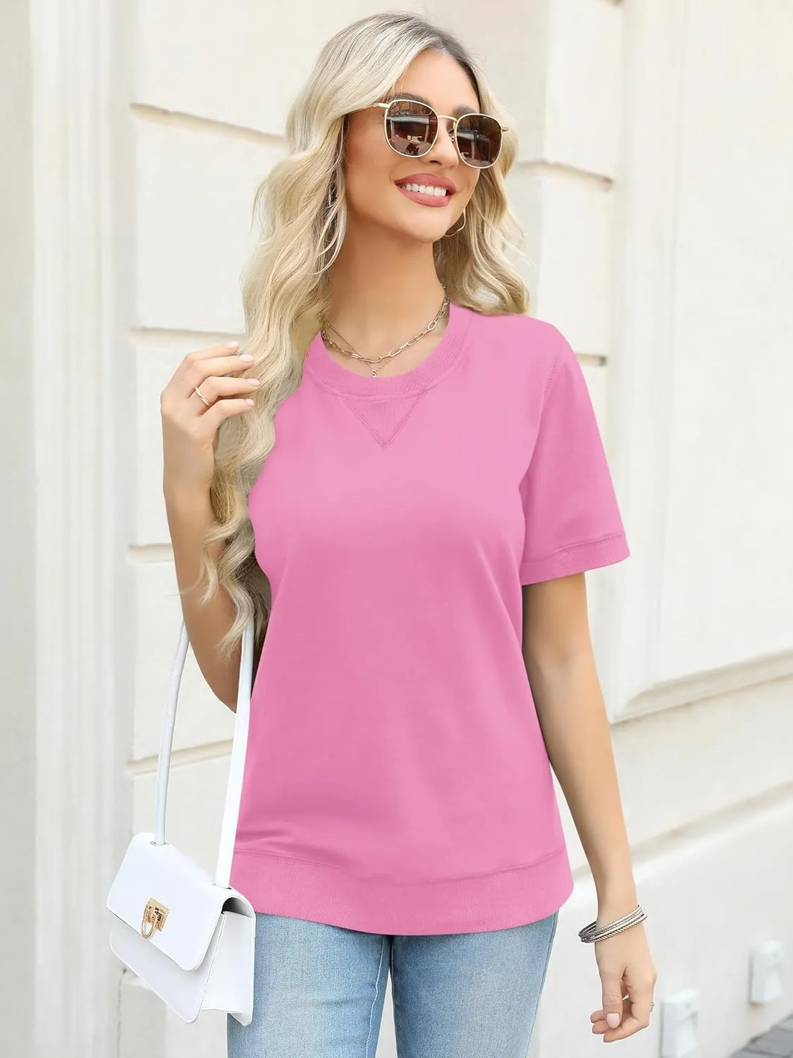 Elesomo Womens Short Sleeve Sweatshirts Cotton Casual Summer Tunic Sweat Shirt