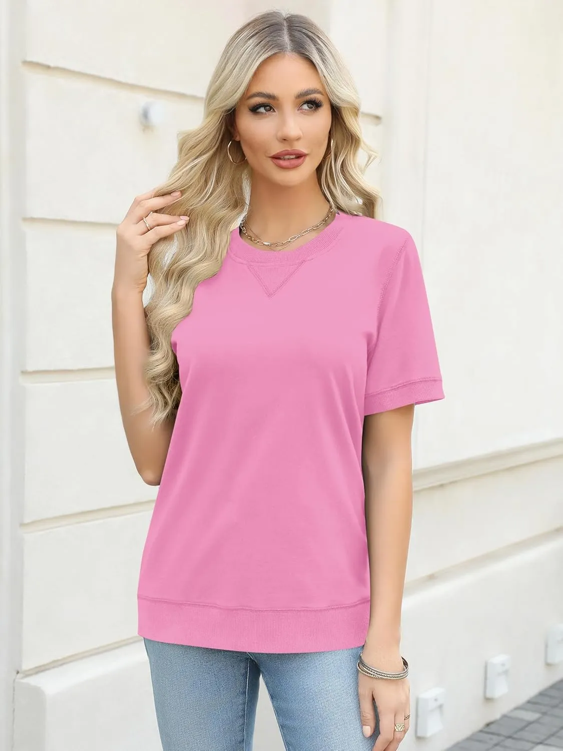 Elesomo Womens Short Sleeve Sweatshirts Cotton Casual Summer Tunic Sweat Shirt