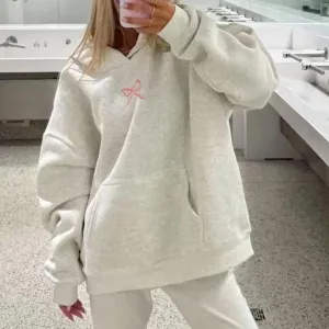 Embroidery Hoodies Women Cute Bowknot Graphic Preppy Pullover for Teen Girl Oversized Long Sleeve Hood Sweatshirt