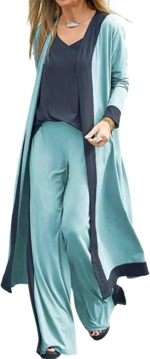 FindThy Womens 3 Piece Pajama Sets Long Sleeve Open Front Loungewear Long Cardigan Outfits(1778-BlueA1-L-LB)