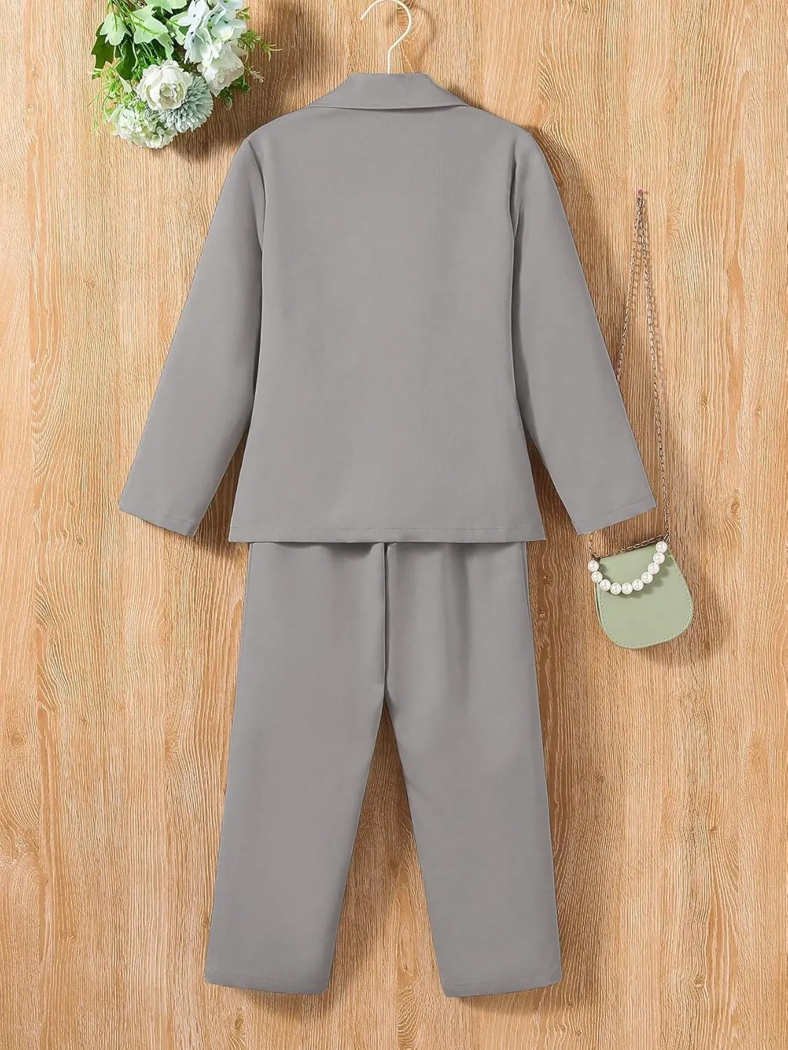 Floerns Girls 2 Piece Outfit Solid Lapel Collar Blazer Jacket with Pants Suit Set