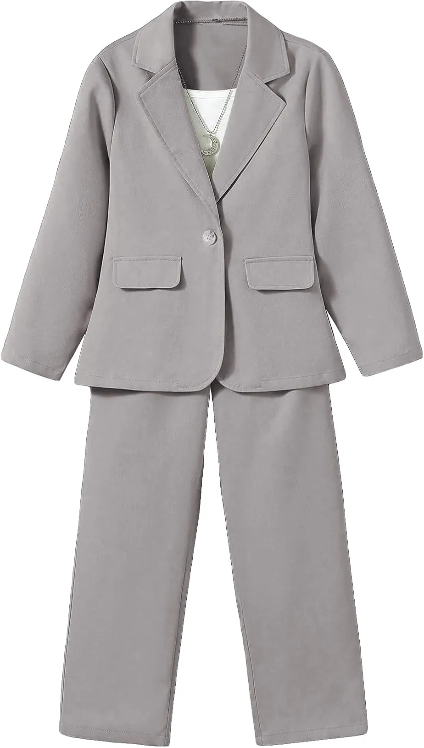 Floerns Girls 2 Piece Outfit Solid Lapel Collar Blazer Jacket with Pants Suit Set
