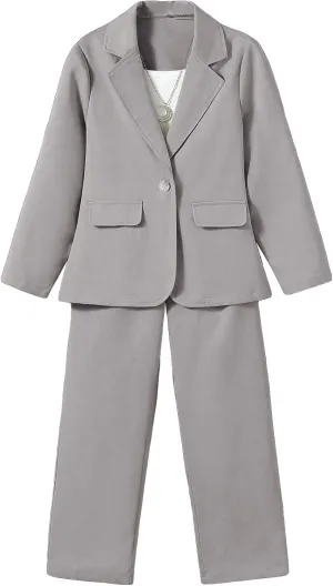 Floerns Girls 2 Piece Outfit Solid Lapel Collar Blazer Jacket with Pants Suit Set