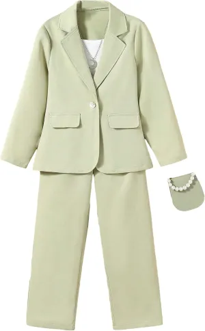 Floerns Girls 2 Piece Outfit Solid Lapel Collar Blazer Jacket with Pants Suit Set