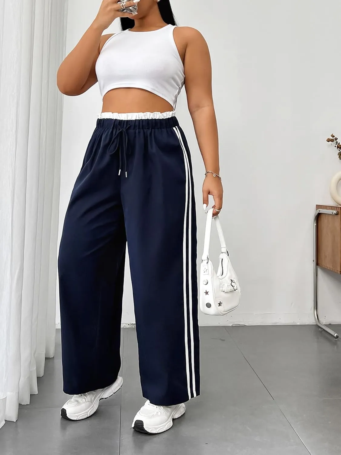 Floerns Women's Plus Size Drawstring High Waisted Side Stripe Straight Wide Leg Pants