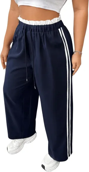 Floerns Women's Plus Size Drawstring High Waisted Side Stripe Straight Wide Leg Pants